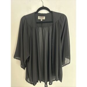 Ecote Women's Medium Sheer Black‎ Kimono Wide Sleeves Open Front Lace Trim